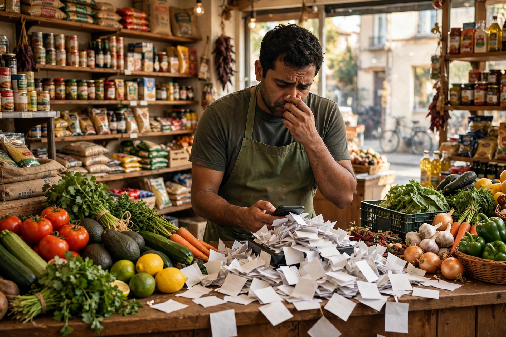 Neighbourhood grocery store owner behind a counter of fresh produce, phone overflowing with grocery-list messages from customers wanting home delivery, busy stocked shelves behind - the list-and-delivery chaos WhatsApp automation for grocery stores takes over