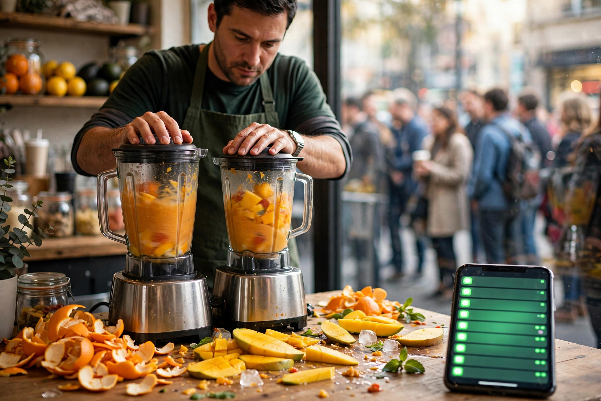 Juice bar owner blending fresh fruit during the morning rush while his phone on the counter shows unread WhatsApp order messages from customers in a long queue he cannot serve fast enough