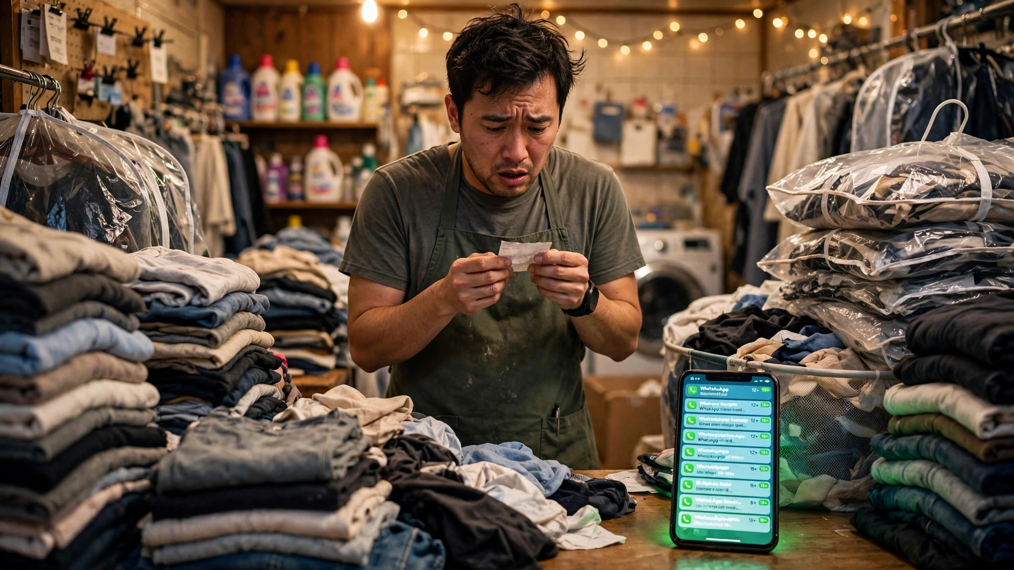 Laundry shop owner surrounded by piles of clothes and garment bags while his phone buzzes with unread WhatsApp pickup requests and customers asking where their clothes are