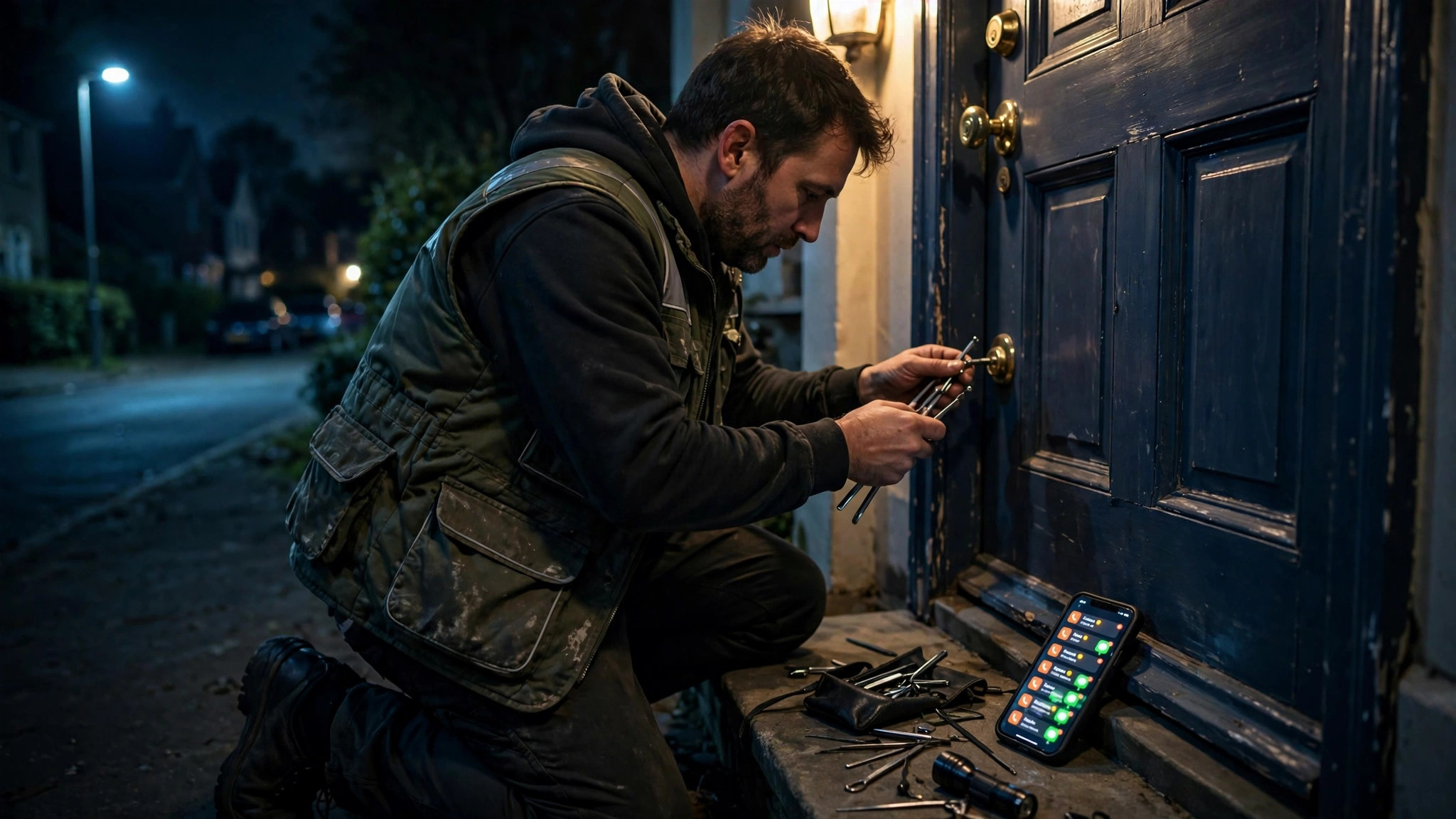 Locksmith kneeling at a front door at night working on a lock while his phone on the doorstep buzzes with missed calls and WhatsApp messages from locked-out customers - the missed-call problem WhatsApp automation for locksmiths solves