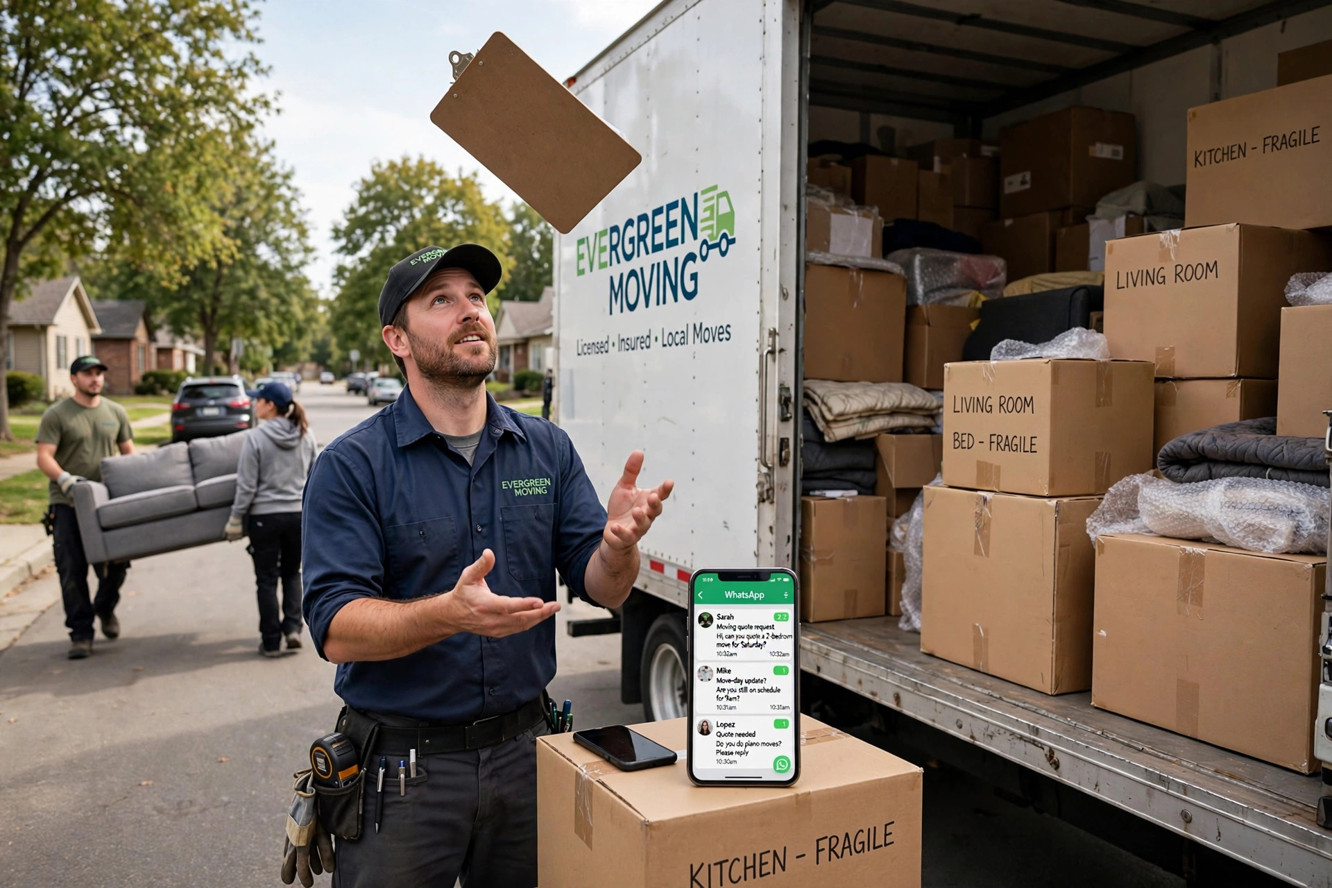 Moving company owner beside a loaded moving truck with a phone full of unread WhatsApp messages asking for moving quotes and move-day updates