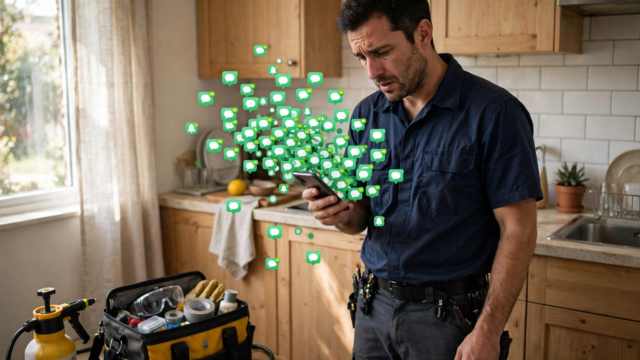 Pest control technician in a kitchen staring at his phone as a flood of WhatsApp messages about pest problems pours in - the message overload WhatsApp automation for pest control companies answers