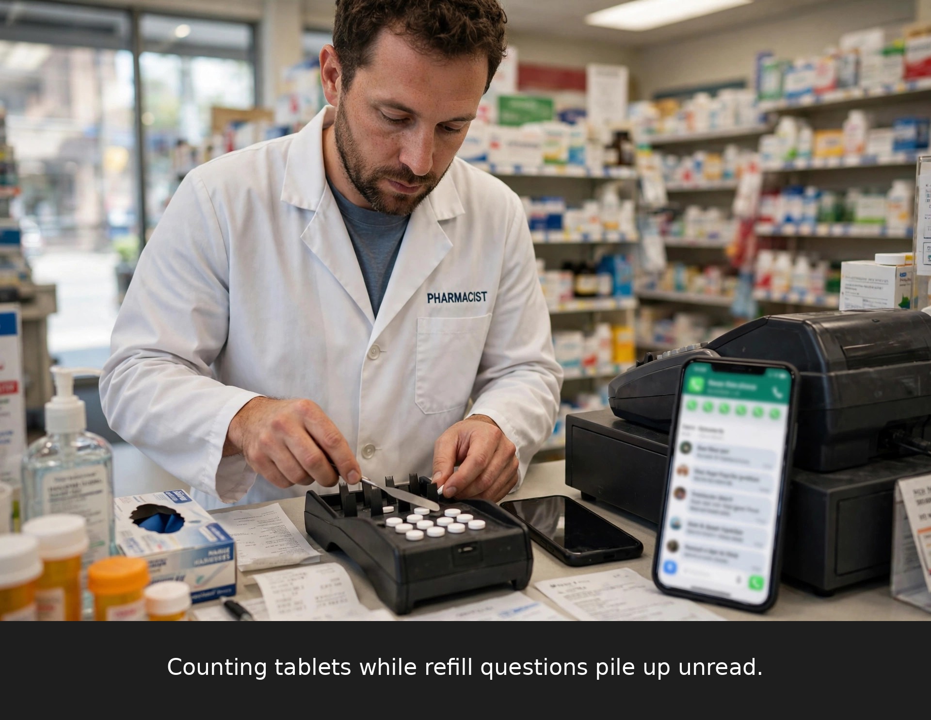 Pharmacist counting tablets while the phone rings and WhatsApp refill questions pile up unread