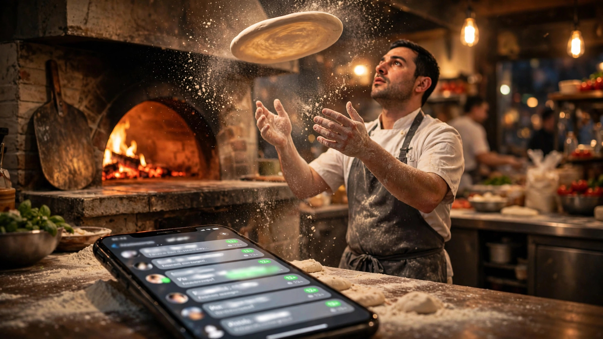 Pizza chef tossing dough in a busy kitchen while his phone on the counter shows unread WhatsApp order messages he cannot answer during the dinner rush