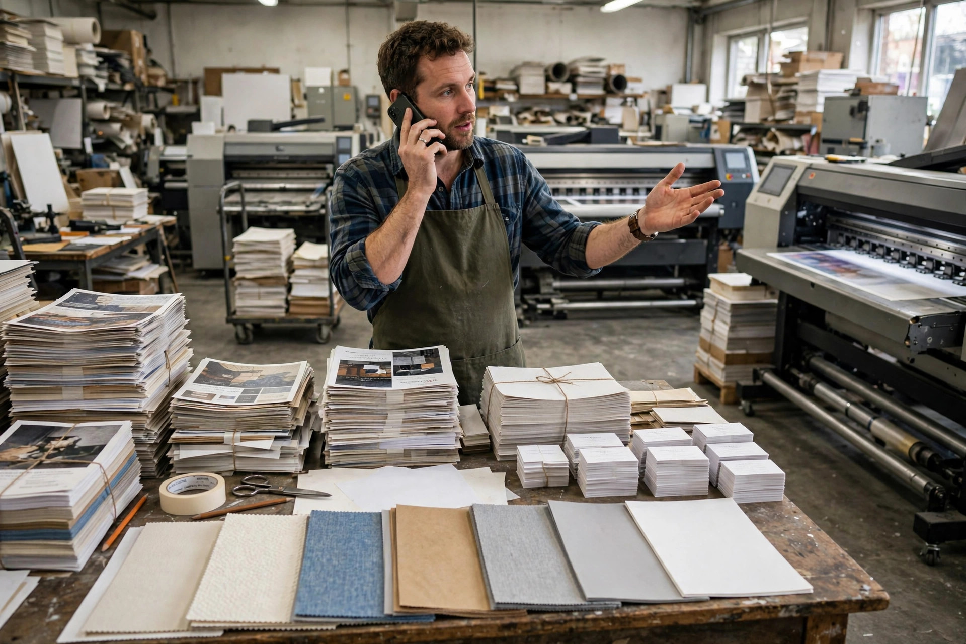 Print shop owner juggling customer quote calls on the phone surrounded by stacks of printed flyers and posters