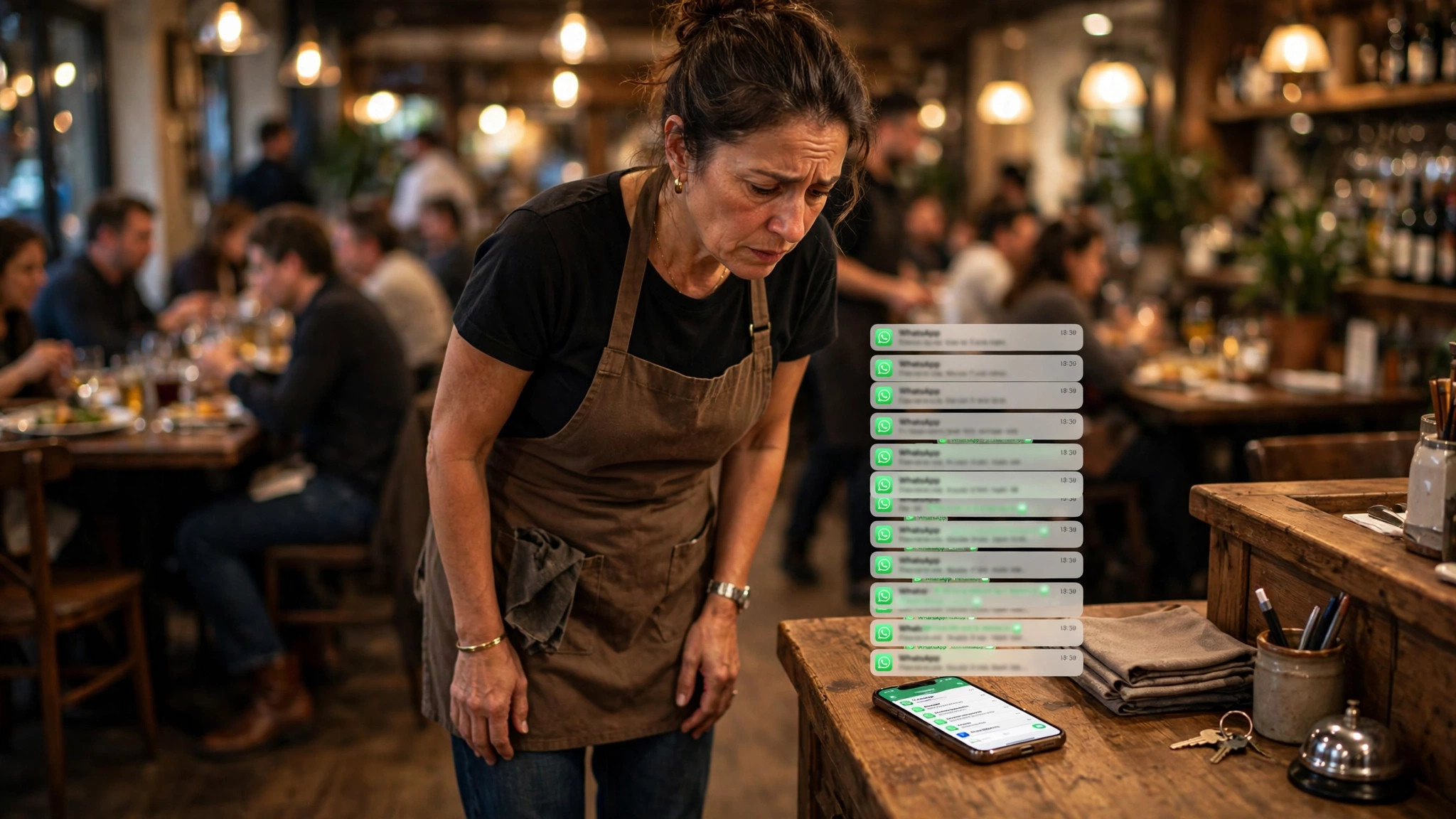 Restaurant owner overwhelmed by unread WhatsApp table booking requests during the dinner rush