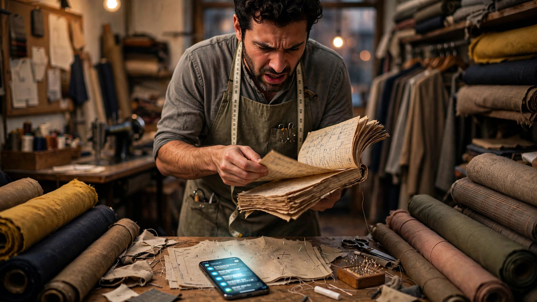 Tailor with measuring tape around his neck searching through a worn paper measurement register while his phone buzzes with unread WhatsApp messages from customers asking when their stitched clothes will be ready