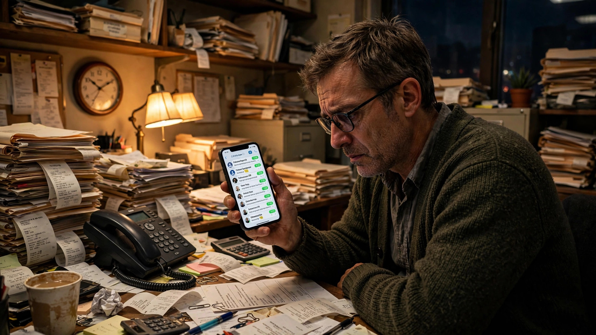 Exhausted tax preparer buried in paper folders at night, staring at a phone full of unread client WhatsApp messages during tax season