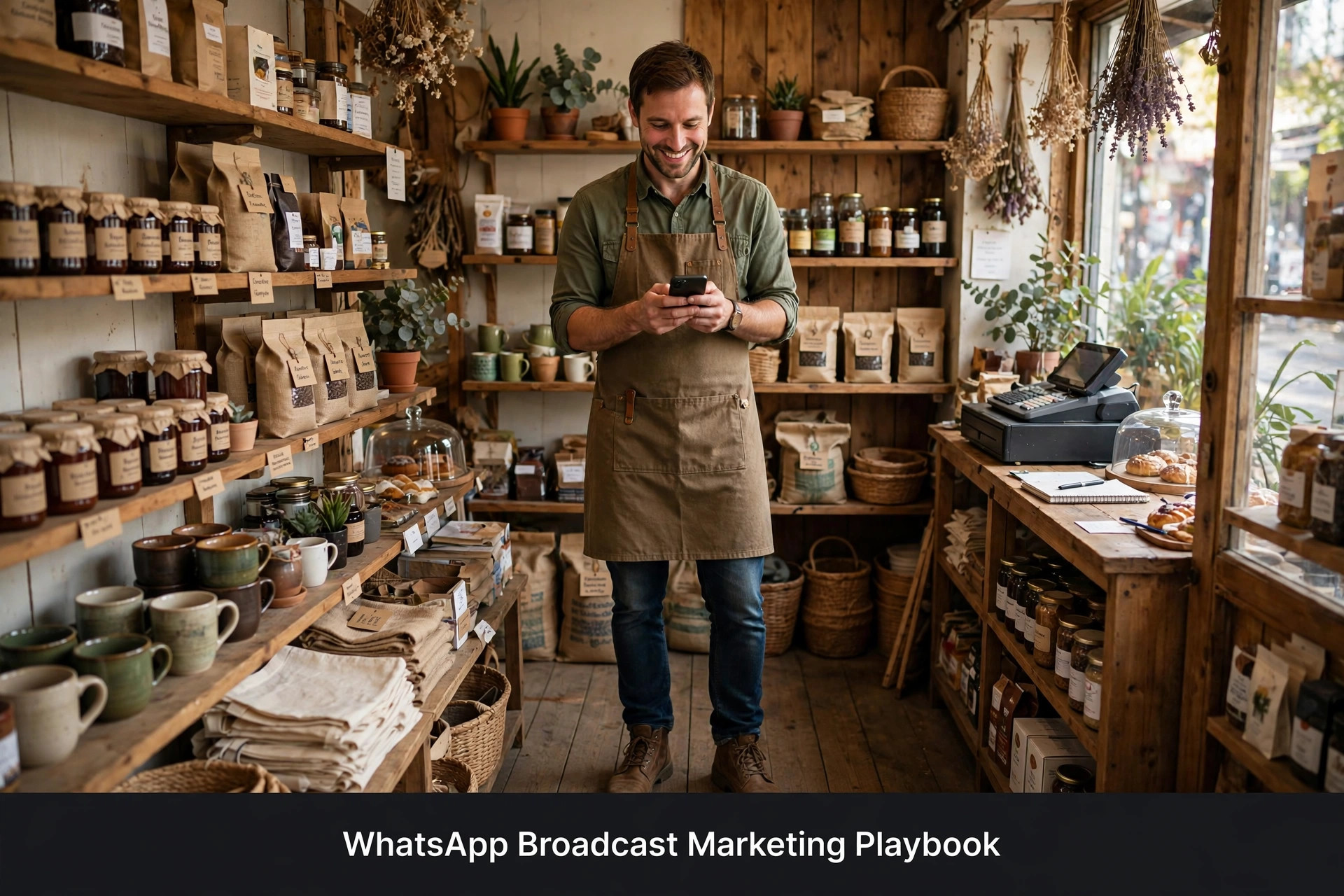 Small business owner sending a WhatsApp broadcast campaign to hundreds of customers with high open rates on phone screen