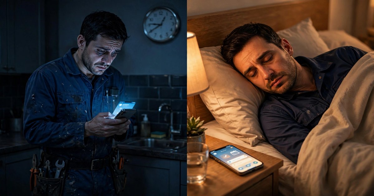 Tired plumber misses quote request at night vs chatbot booking jobs while he sleeps