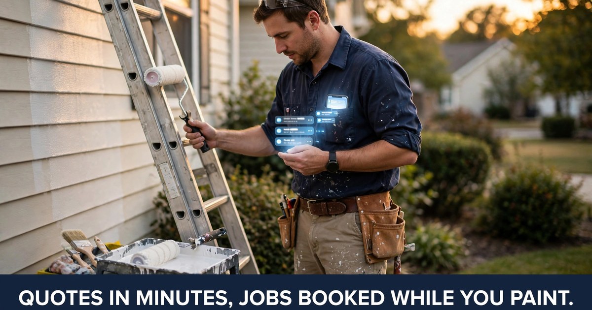 House painter on a ladder painting a home exterior while new quote requests arrive on his phone via WhatsApp